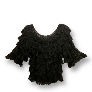 Medium Black Crochet Layered Tiered Blouse Y2K 90s Salsa Ruffled Boho Sexy Sheer